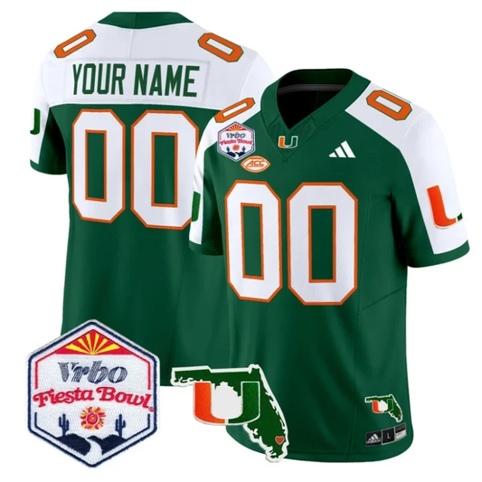 Custom Miami Hurricanes Jersey 2026 Fiesta Bowl Florida Patch Stitched Green Alternate by My Store NCAA Football Jerseys