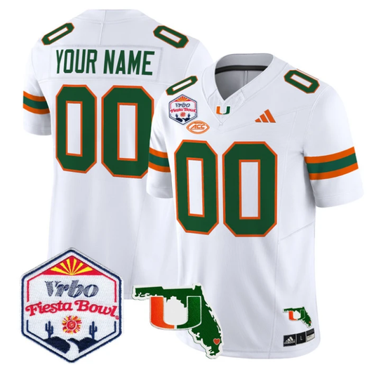 Custom Miami Hurricanes Jersey 2026 Fiesta Bowl Florida Patch Stitched White by My Store NCAA Football Jerseys
