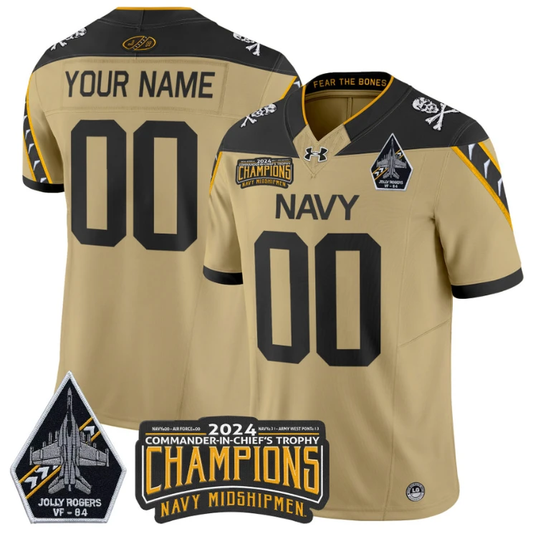 Custom Navy Midshipmen Jersey 2024 Jolly Rogers Champions Patch Gold by NCAA Football Jersey