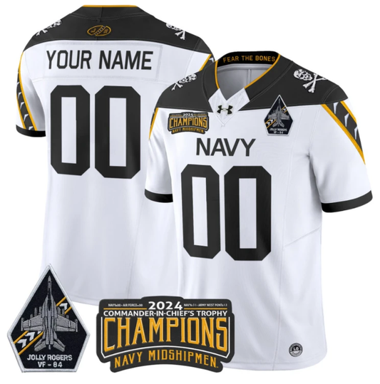 Custom Navy Midshipmen Jersey 2024 Jolly Rogers Champions Patch White by NCAA Football Jersey