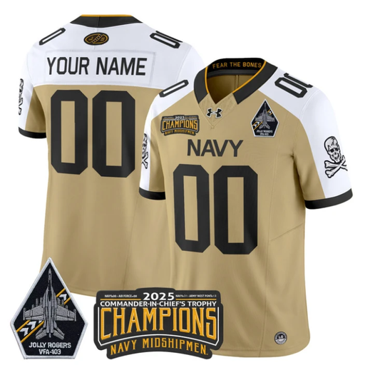 Custom Navy Midshipmen Jersey Jolly Rogers 2025 Trophy Champions Stitched Gold Alternate by My Store NCAA Football Jerseys