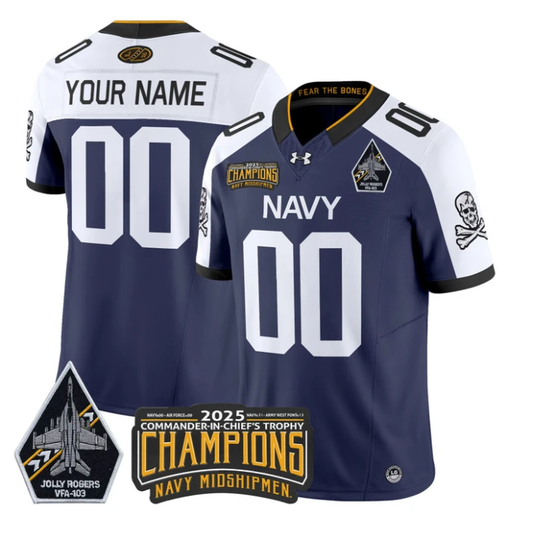 Custom Navy Midshipmen Jersey Jolly Rogers 2025 Trophy Champions Stitched Navy Alternate by My Store NCAA Football Jerseys