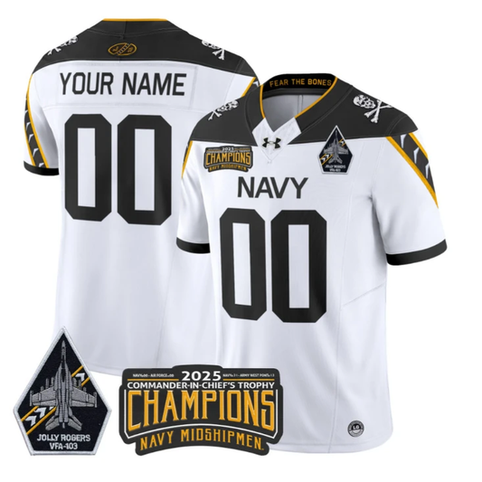 Custom Navy Midshipmen Jersey Jolly Rogers 2025 Trophy Champions Stitched White by My Store NCAA Football Jerseys