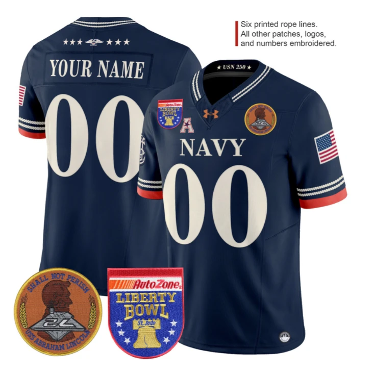 Custom Navy Midshipmen Jersey Name, Number 250th 2026 Liberty Bowl Stitched Navy by My Store NCAA Football Jerseys