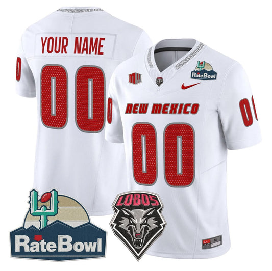 Custom New Mexico Lobos Jersey 2025 Rate Bowl Vapor Limited Stitched White by NCAA Football Jersey