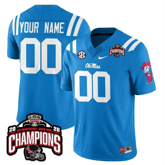 Custom Ole Miss Jersey Allstate Sugar Bowl Champions Patch Stitched Blue by NCAA Football Jersey