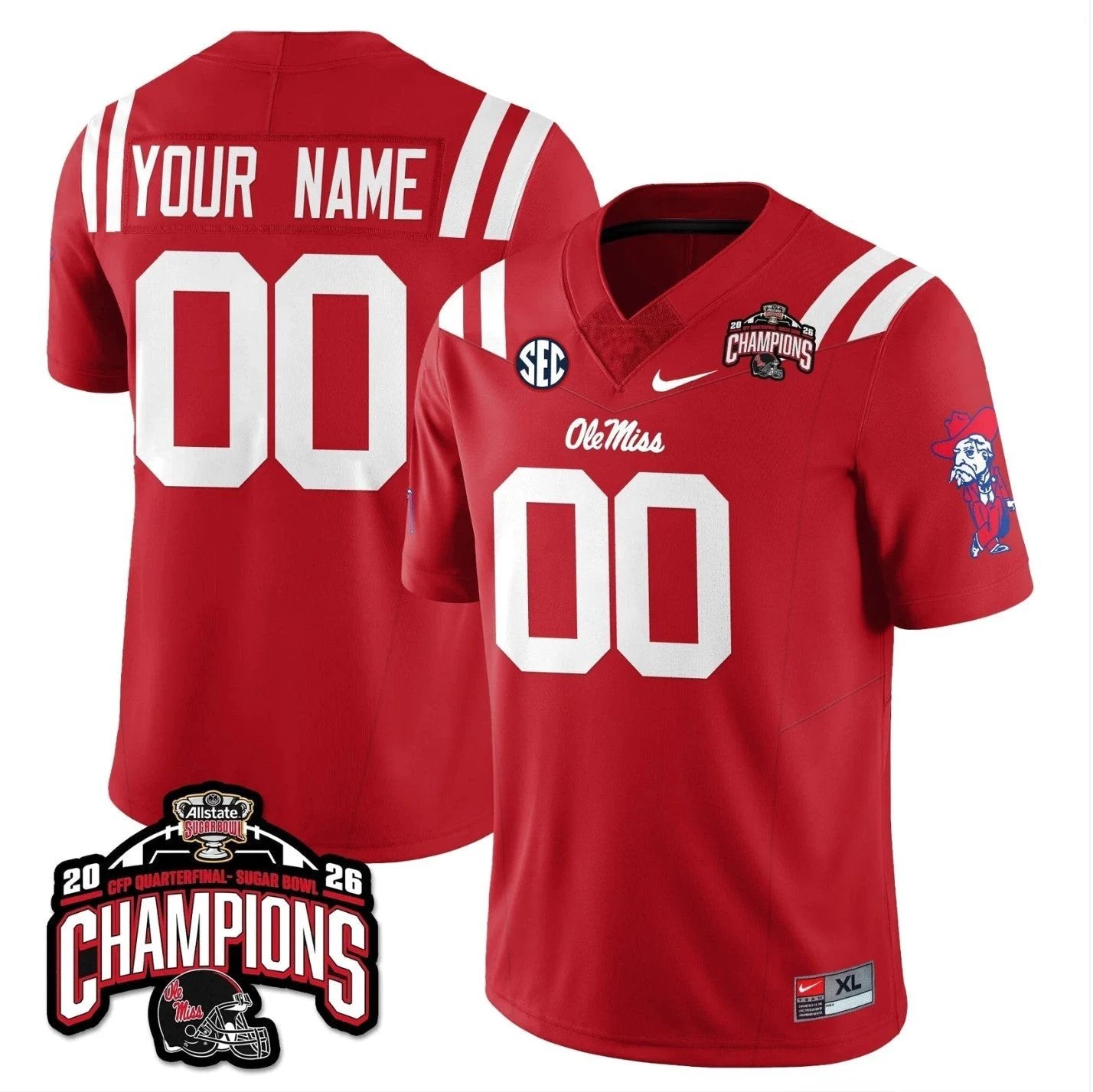 Custom Ole Miss Jersey Allstate Sugar Bowl Champions Patch Stitched Red by NCAA Football Jersey