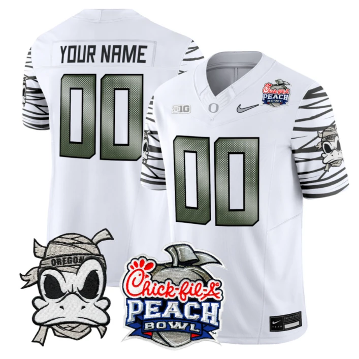 Custom Oregon Ducks Jersey Mummy Duck 2026 Peach Bowl Patch Stitched White Limited by My Store NCAA Football Jerseys