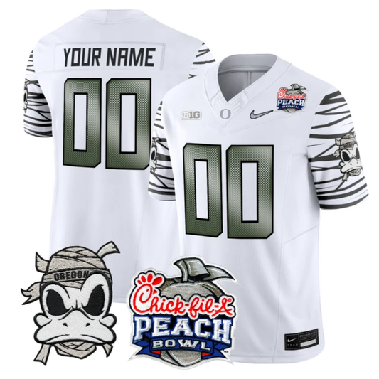 Custom Oregon Ducks Jersey Mummy Duck 2026 Peach Bowl Patch Stitched White Limited by My Store NCAA Football Jerseys