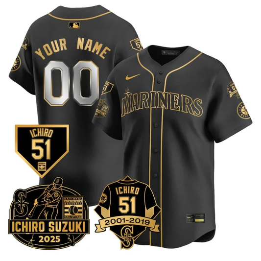 Custom Seattle Mariners Jersey Name, Number Ichiro Suzuki Stitched Black Gold by My Store