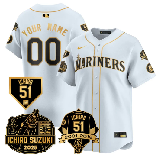 Custom Seattle Mariners Jersey Name, Number Ichiro Suzuki Stitched White Gold by My Store