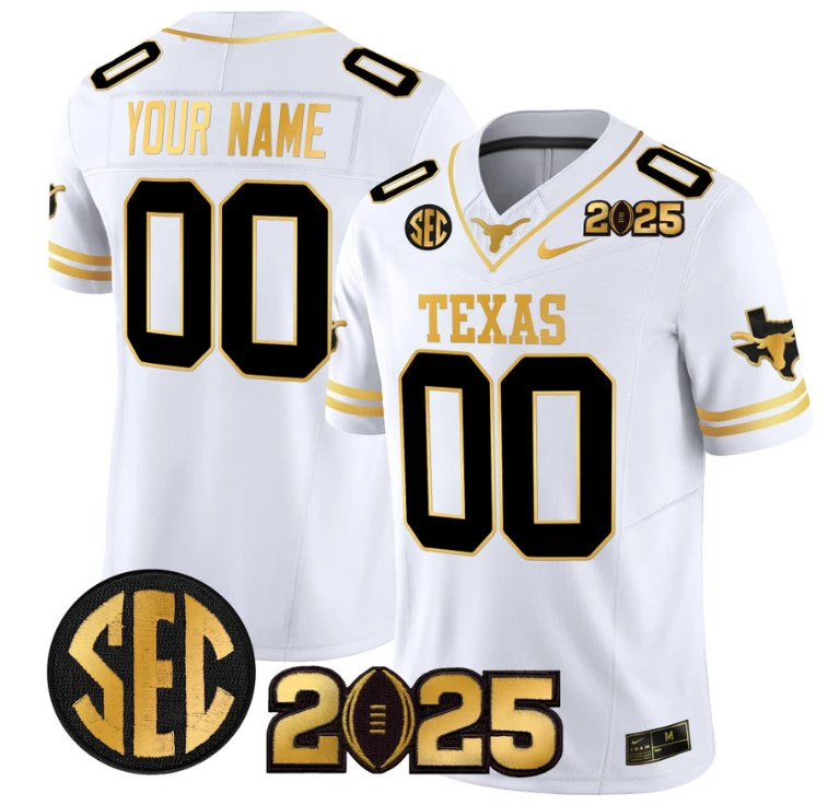 Custom Texas Longhorns Jersey 2025 CFP Final Gold Patch Stitched White Gold by NCAA Football Jersey