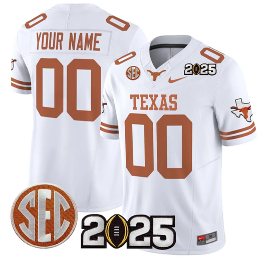 Custom Texas Longhorns Jersey 2025 CFP Final Patch Stitched White by NCAA Football Jersey