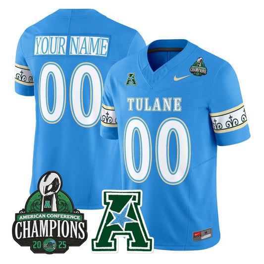 Custom Tulane Green Wave Jersey City Edition 2025 AAC Champions Stitched Blue by NCAA Football Jersey