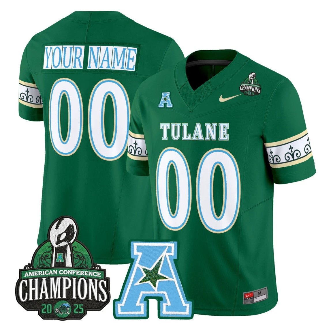Custom Tulane Green Wave Jersey City Edition 2025 AAC Champions Stitched Green by NCAA Football Jersey