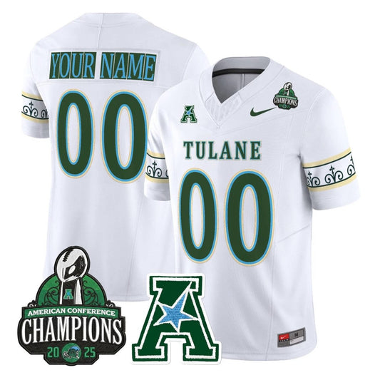 Custom Tulane Green Wave Jersey City Edition 2025 AAC Champions Stitched White by NCAA Football Jersey