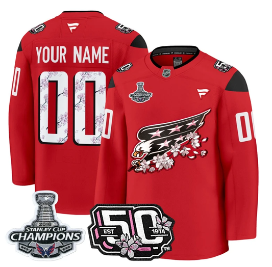 Custom Washington Capitals Jersey 50th Anniversary & 2018 Stanley Cup Champions Patch Red by Hockey David