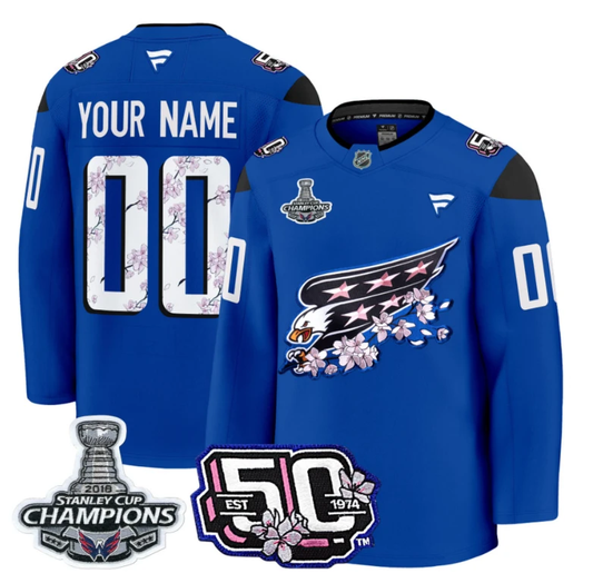 Custom Washington Capitals Jersey 50th Anniversary & 2018 Stanley Cup Champions Patch Royal by Hockey David