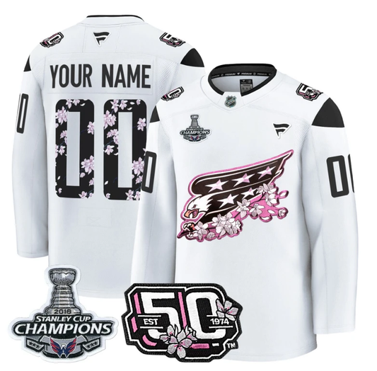 Custom Washington Capitals Jersey 50th Anniversary & 2018 Stanley Cup Champions Patch White by Hockey David