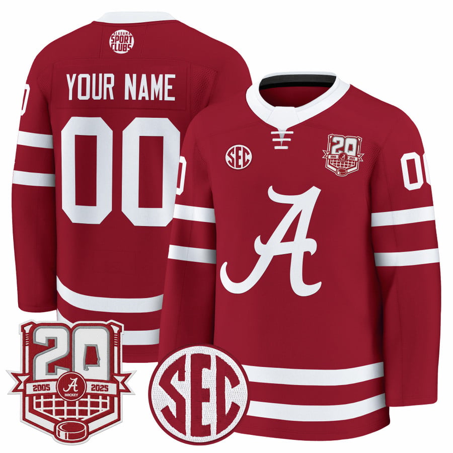 Custom Alabama Crimson Jersey 2025-26 Premium 20th Anniversary Patch Stitched by Hockey David
