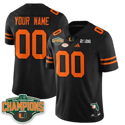 Custom Miami Hurricanes Jersey 2026 Fiesta Bowl Champions Stitched by My Store NCAA Football Jerseys