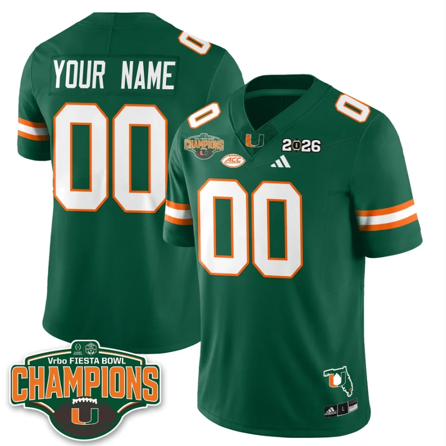 Custom Miami Hurricanes Jersey 2026 Fiesta Bowl Champions Stitched by My Store NCAA Football Jerseys