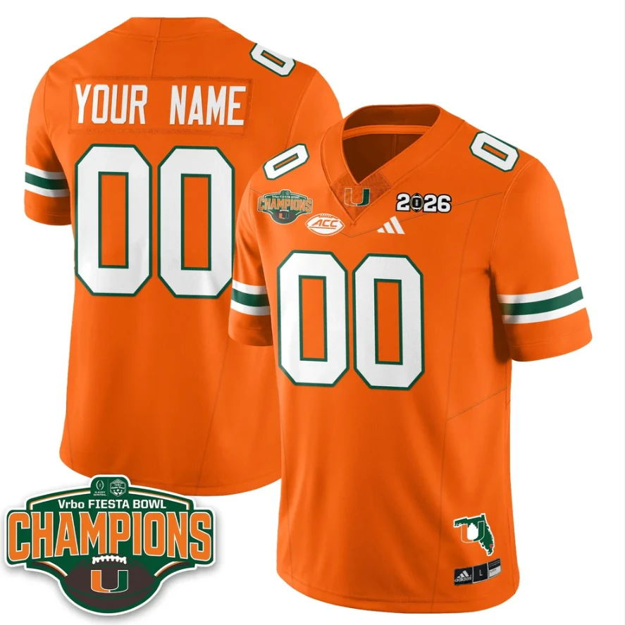 Custom Miami Hurricanes Jersey 2026 Fiesta Bowl Champions Stitched by My Store NCAA Football Jerseys
