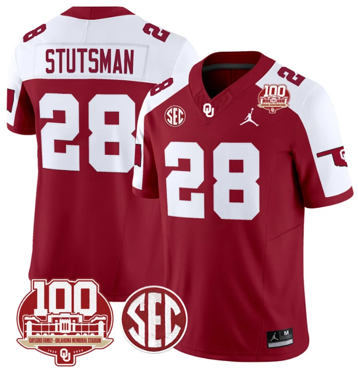 Danny Stutsman Jersey #28 Oklahoma Sooners 100th Anniversary Patch Vapor Limited College Football Stitched Crimson Alternate by My Store