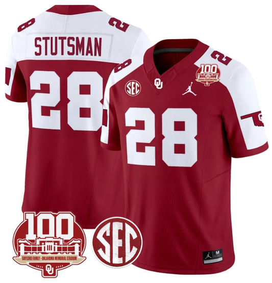 Danny Stutsman Jersey #28 Oklahoma Sooners 100th Anniversary Patch Vapor Limited College Football Stitched Crimson Alternate by My Store