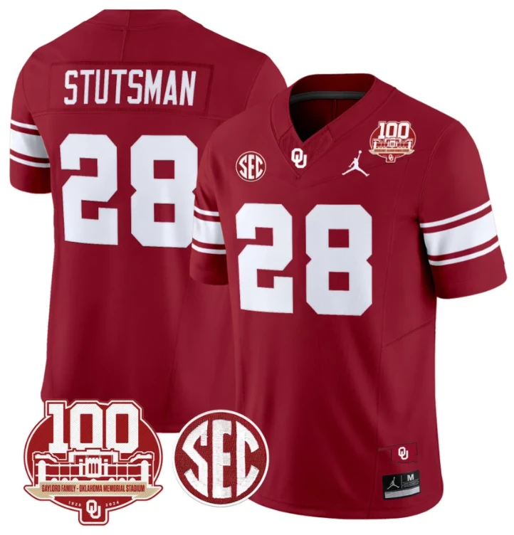 Danny Stutsman Jersey #28 Oklahoma Sooners 100th Anniversary Patch Vapor Limited College Football Stitched Crimson by My Store