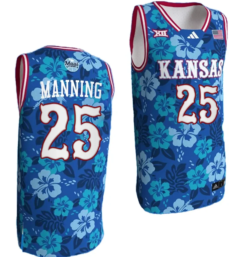 Danny Manning Jersey #25 Kansas Jayhawks Bill Self Game College Basketball Blue Maui Strong by My store basketball