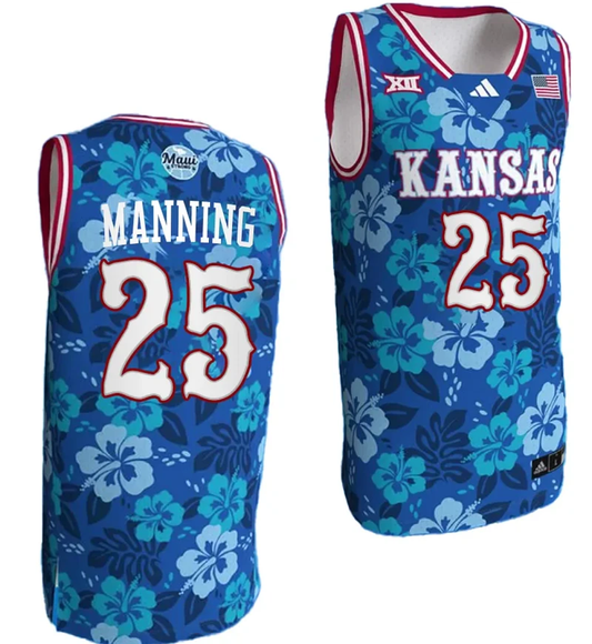 Danny Manning Jersey #25 Kansas Jayhawks Bill Self Game College Basketball Blue Maui Strong by My store basketball