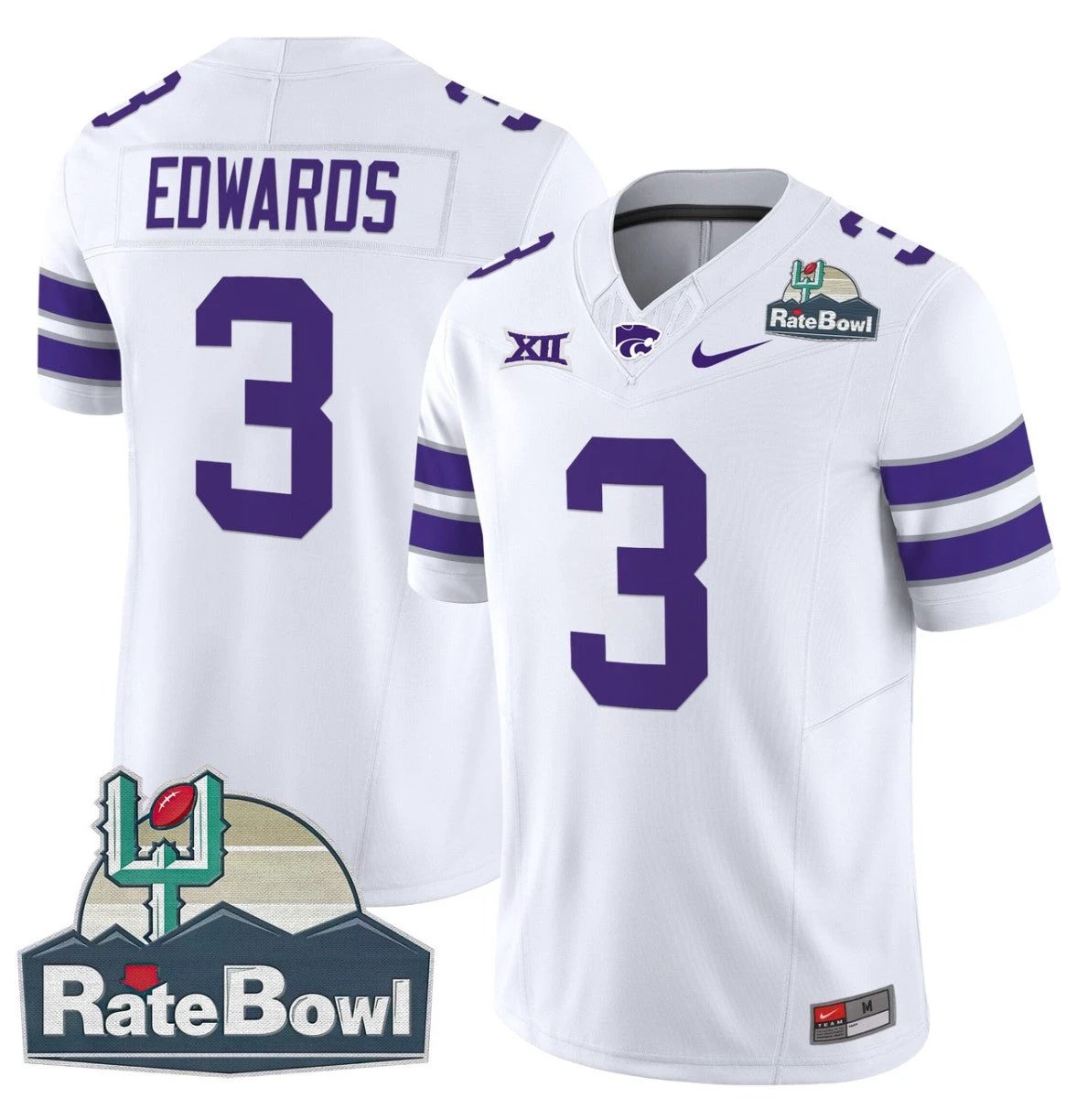 Dylan Edwards Jersey #3 Kansas State Wildcats 2025 Rate Bowl Patch White by My Store