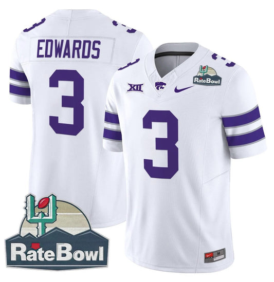 Dylan Edwards Jersey #3 Kansas State Wildcats 2025 Rate Bowl Patch White by My Store