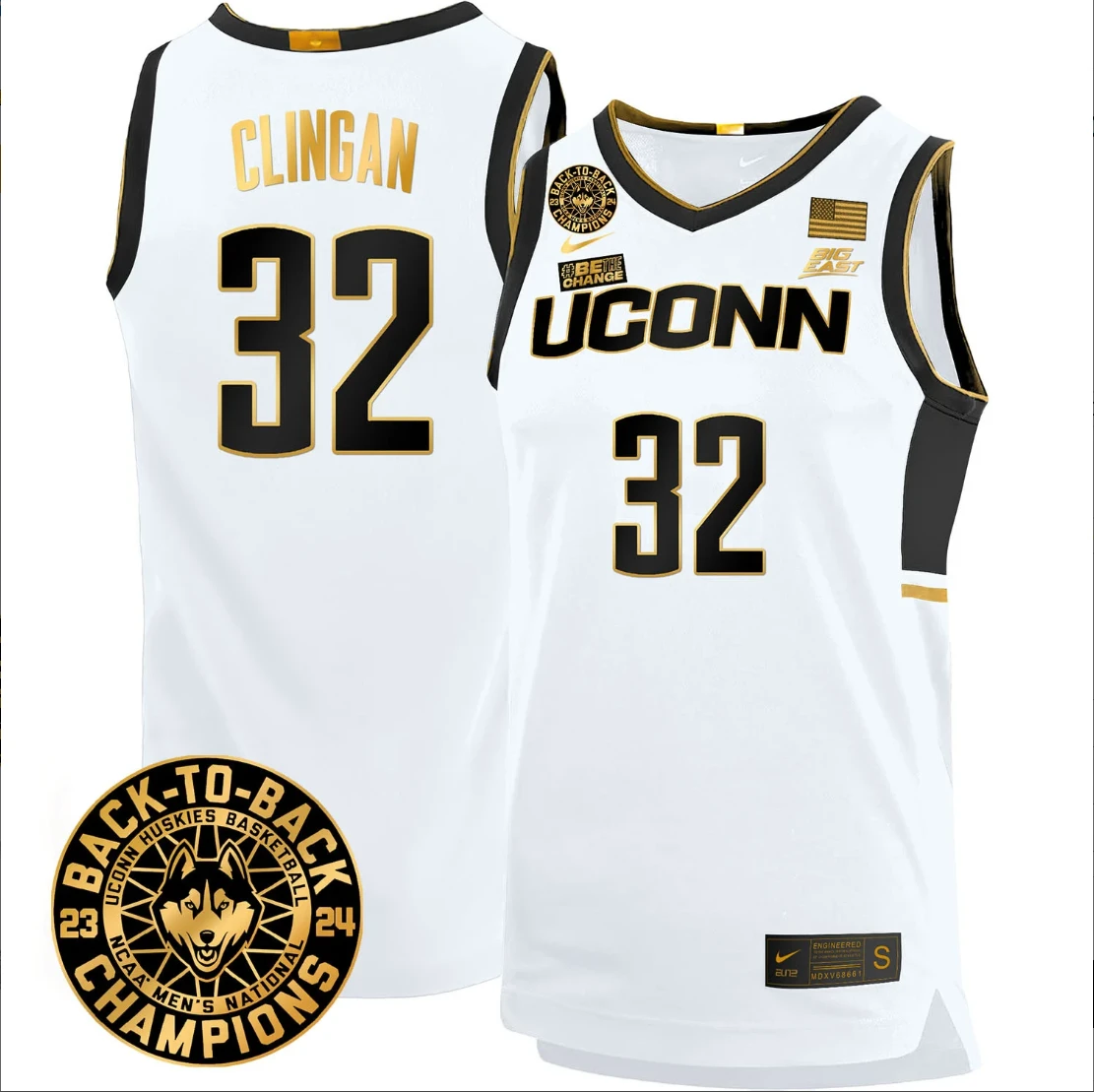 Donovan Clingan Jersey #32 UConn Huskies Basketball 2024 Back To Back Champions Patch White Gold by My store basketball