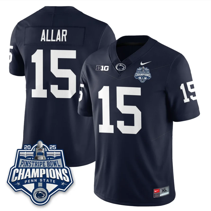 Drew Allar Jersey #15 Penn State 2025 Pinstripe Bowl Champions Stitched Navy by NCAA Football Jersey