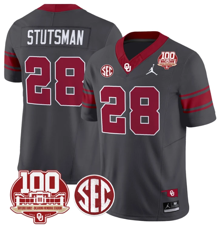 Danny Stutsman Jersey #28 Oklahoma Sooners 100th Anniversary Patch Vapor Limited College Football Stitched Anthracite by My Store