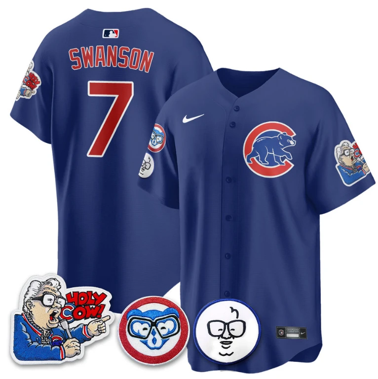 Dansby Swanson Jersey #7 Chicago Cubs Harry Caray Holy Cow Patch Premier Limited Stitched Royal by My Store