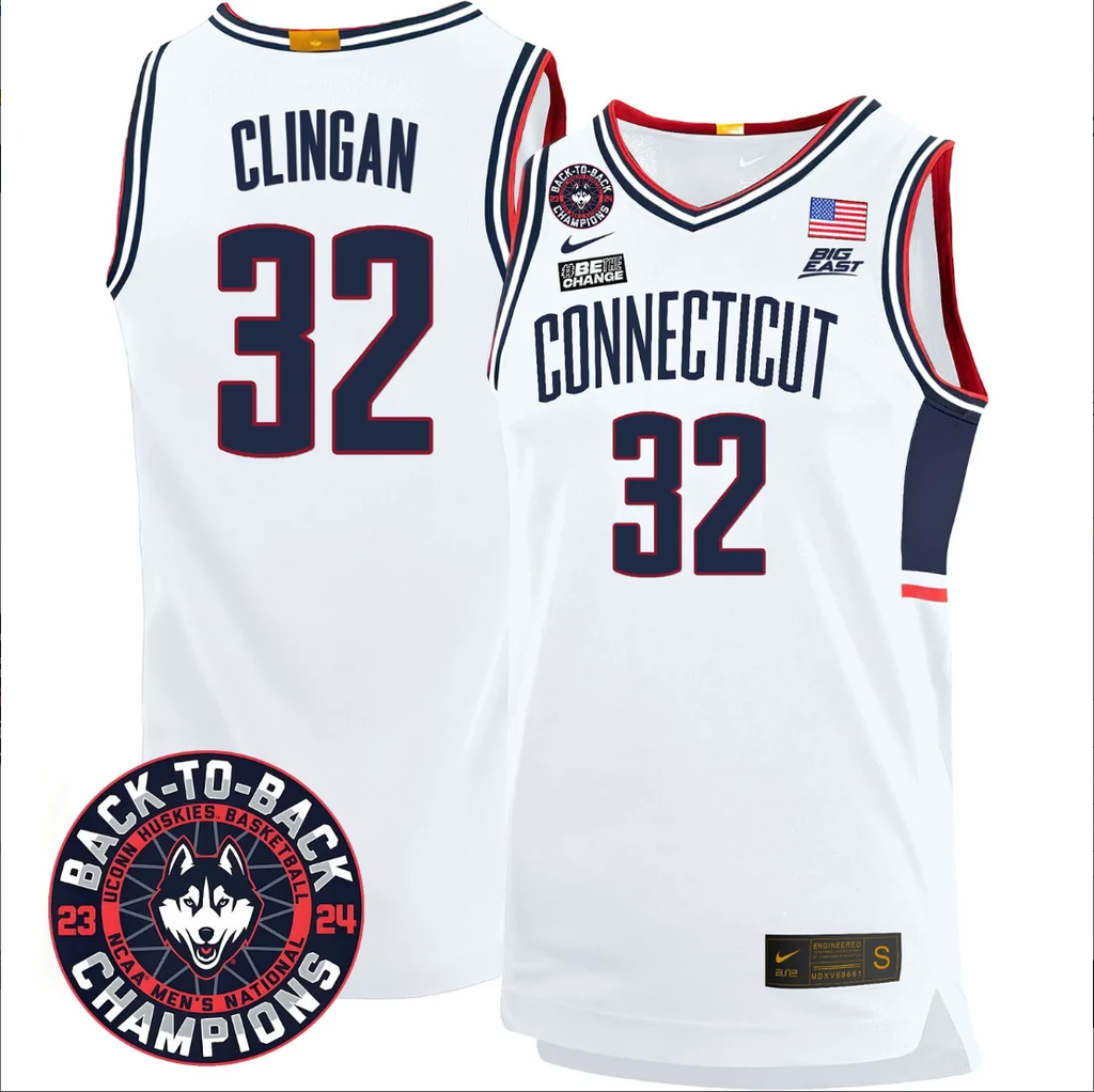 Donovan Clingan Jersey #32 UConn Huskies Basketball 2024 Back To Back Champions Patch White by My store basketball