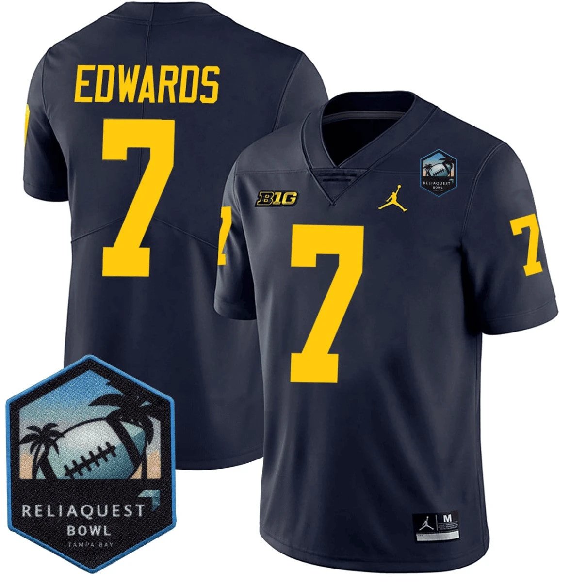 Donovan Edwards Jersey #7 Michigan Wolverines ReliaQuest Bowl Patch Vapor Navy by NCAA Football Jersey