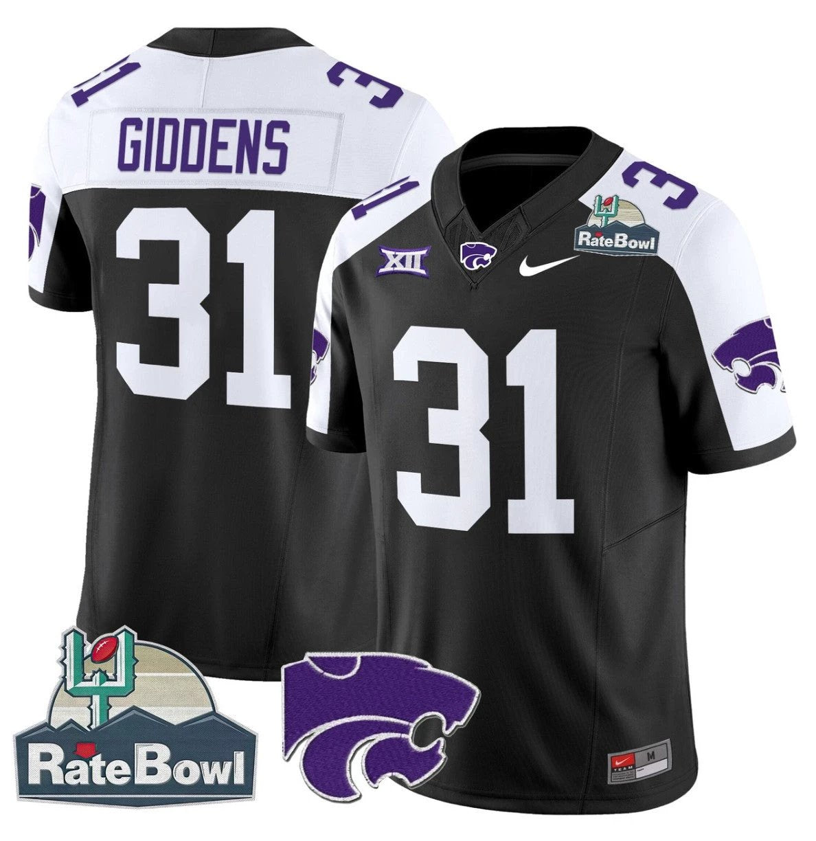 DJ Giddens Jersey #31 Kansas State Wildcats 2025 Rate Bowl Patch Black Alternate by My Store