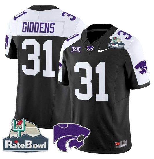 DJ Giddens Jersey #31 Kansas State Wildcats 2025 Rate Bowl Patch Black Alternate by My Store