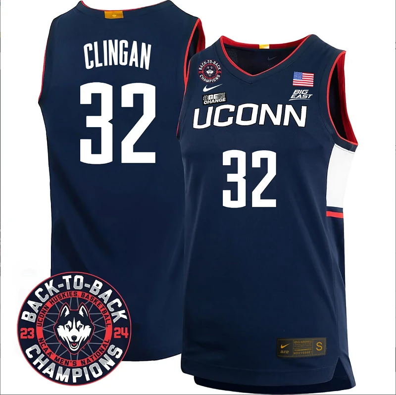 Donovan Clingan Jersey #32 UConn Huskies Basketball 2024 Back To Back Champions Patch Navy by My store basketball