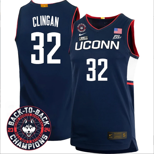 Donovan Clingan Jersey #32 UConn Huskies Basketball 2024 Back To Back Champions Patch Navy by My store basketball