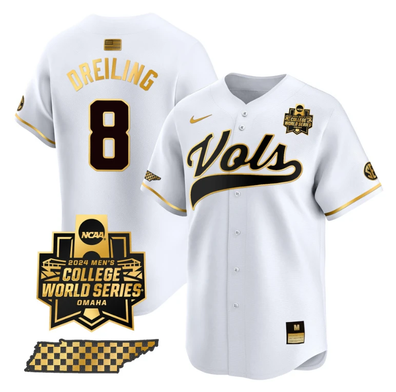 Dylan Dreiling Jersey #8 Tennessee Volunteers 2024 College World Series Vapor Premier Limited NCAA Baseball Stitched White Gold by My Store