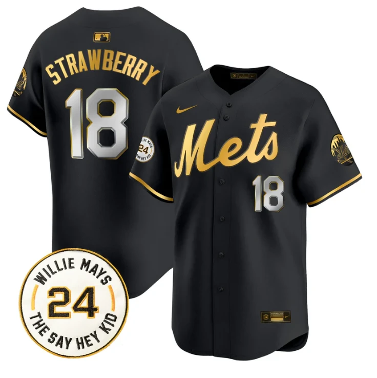 Darryl Strawberry Jersey #18 Mets Willie Mays Patch Vapor Premier Limited Stitched Black Gold by My Store