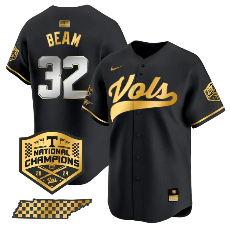 Drew Beam Jersey #32 Tennessee Volunteers Baseball 2024 Champions Vapor Premier Limited Black Gold by My Store