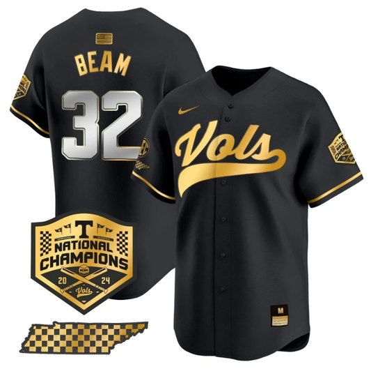 Drew Beam Jersey #32 Tennessee Volunteers Baseball 2024 Champions Vapor Premier Limited Black Gold by My Store