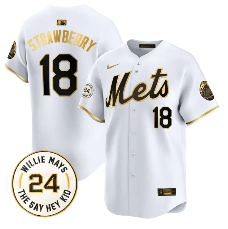 Darryl Strawberry Jersey #18 Mets Willie Mays Patch Vapor Premier Limited Stitched White Gold by My Store