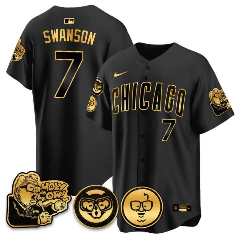 Dansby Swanson Jersey #7 Chicago Cubs Harry Caray Holy Cow Patch Premier Limited Stitched Black Gold by My Store
